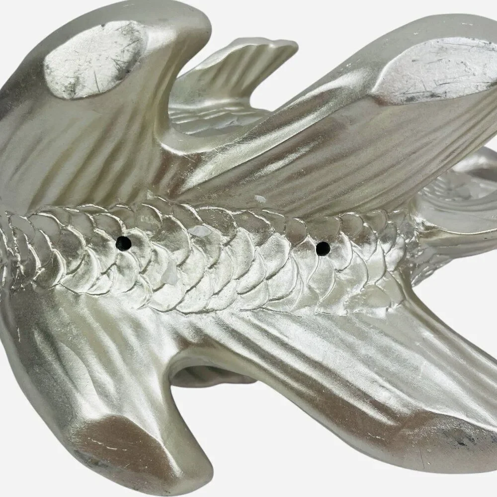 Large Silver Fantail Fish Resin Statue Jewel Rhinestone Eyes Sculpture Decor Art